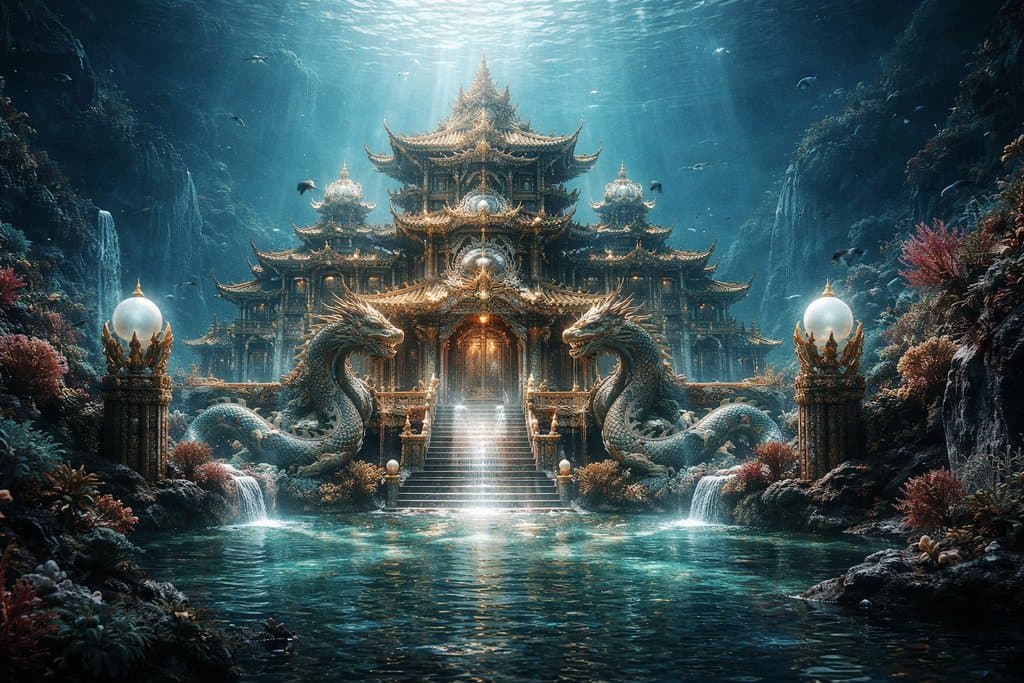 上古龙宫水殿，双龙守卫，珊瑚珠玉环绕，神秘水下宫殿，写实风格