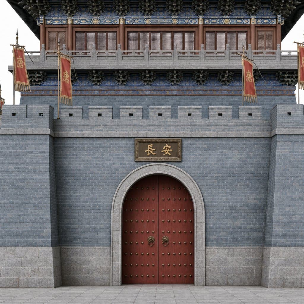 古风仙侠风格长安城楼，青砖灰瓦，双重飞檐，红色大门，雄伟城墙