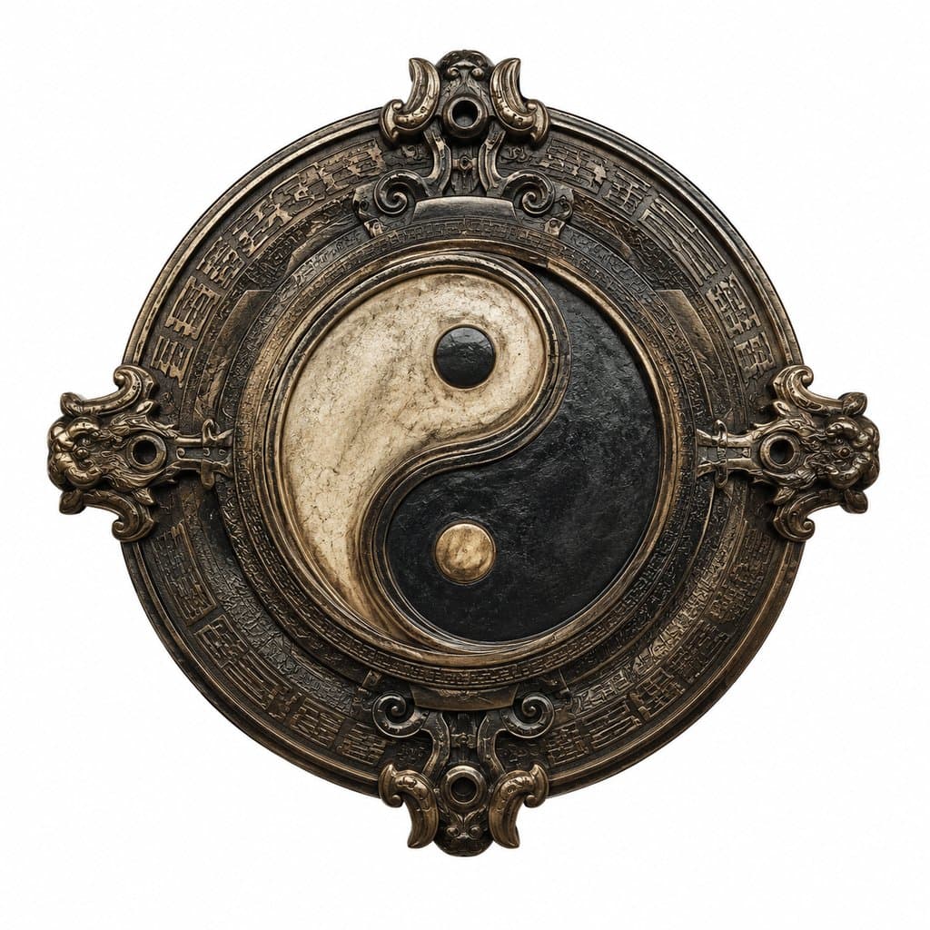 古铜色太极图徽章，阴阳旋转图案，商周神话风格写实道具