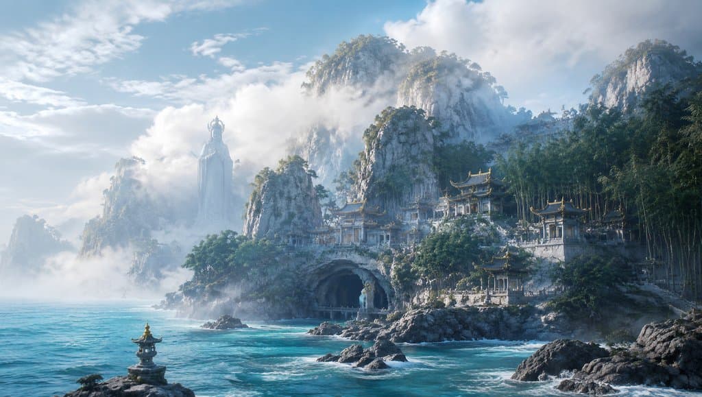 南海普陀落伽山，潮音洞与紫竹林环绕的东方神话写实场景，云雾缭绕，海天相接