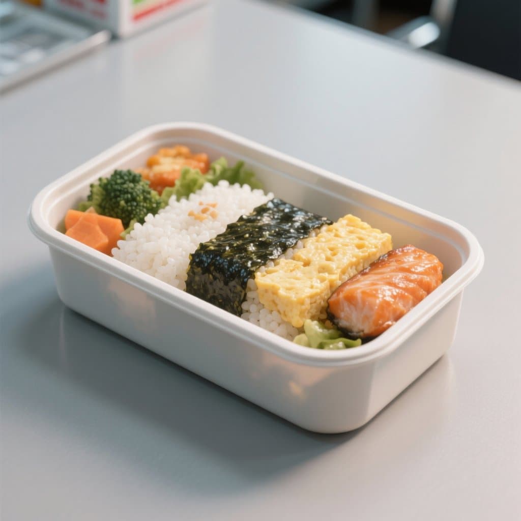 日式便当，白色餐盒内盛有米饭、三文鱼、蛋卷和蔬菜，色彩丰富，风格写实
