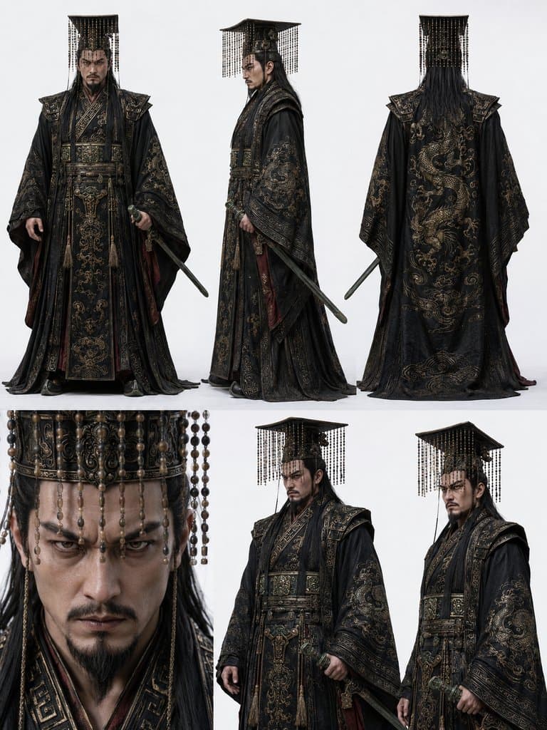 纣王身穿玄黑织金衮服，头戴十二旒冕，手持长剑，写实风格古代帝王形象
