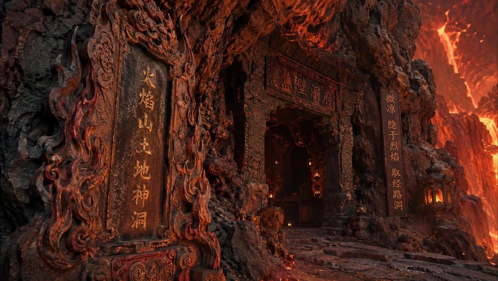 火焰山土地神洞，东方神话写实风格，岩壁烈焰环绕，雕花门楣与古灯映衬神秘洞府