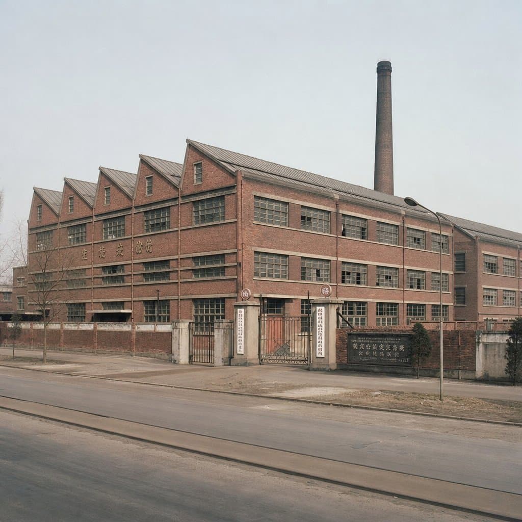 1970年代中国工业厂房，红砖墙与锯齿形屋顶，复古工业建筑风格