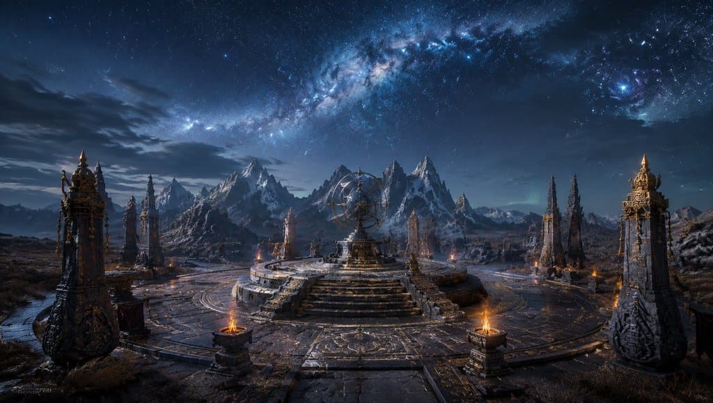 上古祭台夜景，星河低垂，雪山环绕，神秘玄奥的写实场景