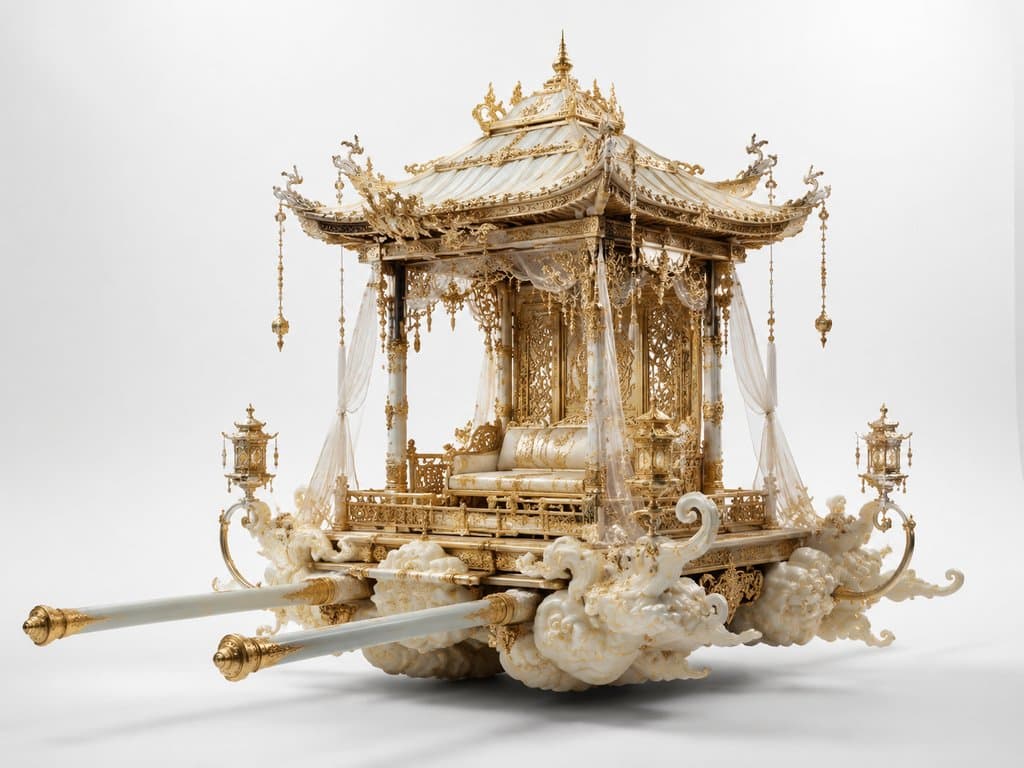 祥云宝辇，金色华丽东方神话载具，祥云托底，飞檐流苏，写实3D风格