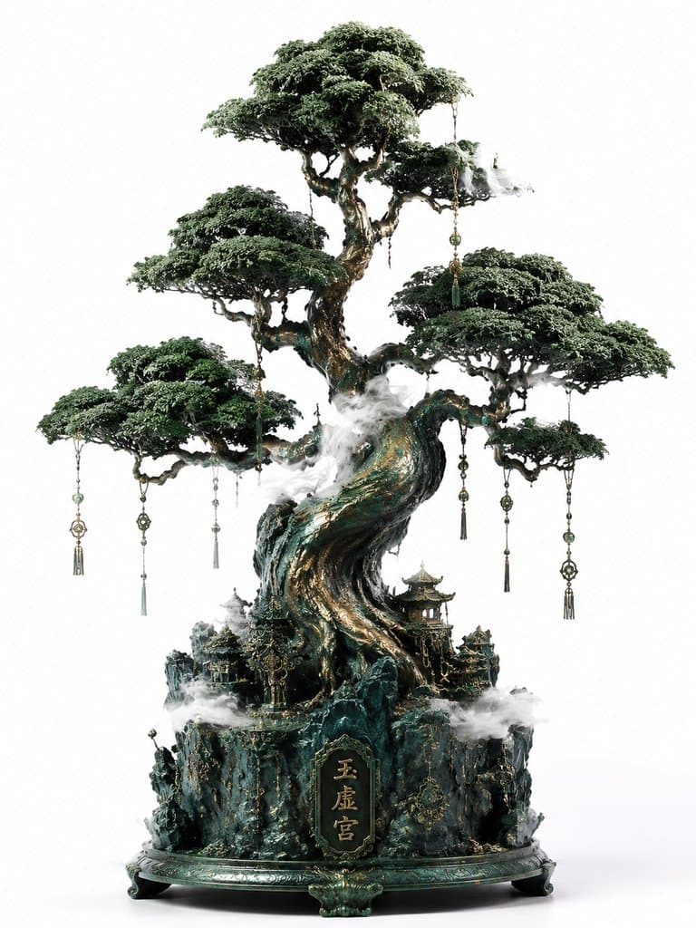 玉虚仙树，苍翠华盖，瑞气缭绕，商周神话风格写实植物，3D资产参考