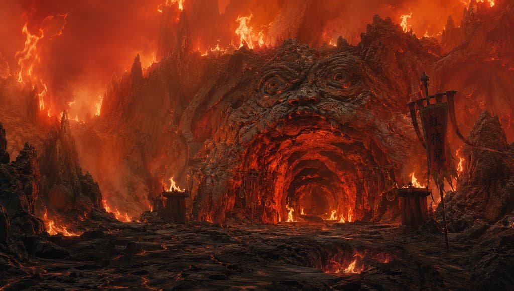 号山火云洞，烈焰环绕的妖洞入口，巨兽岩壁，东方神话写实风格