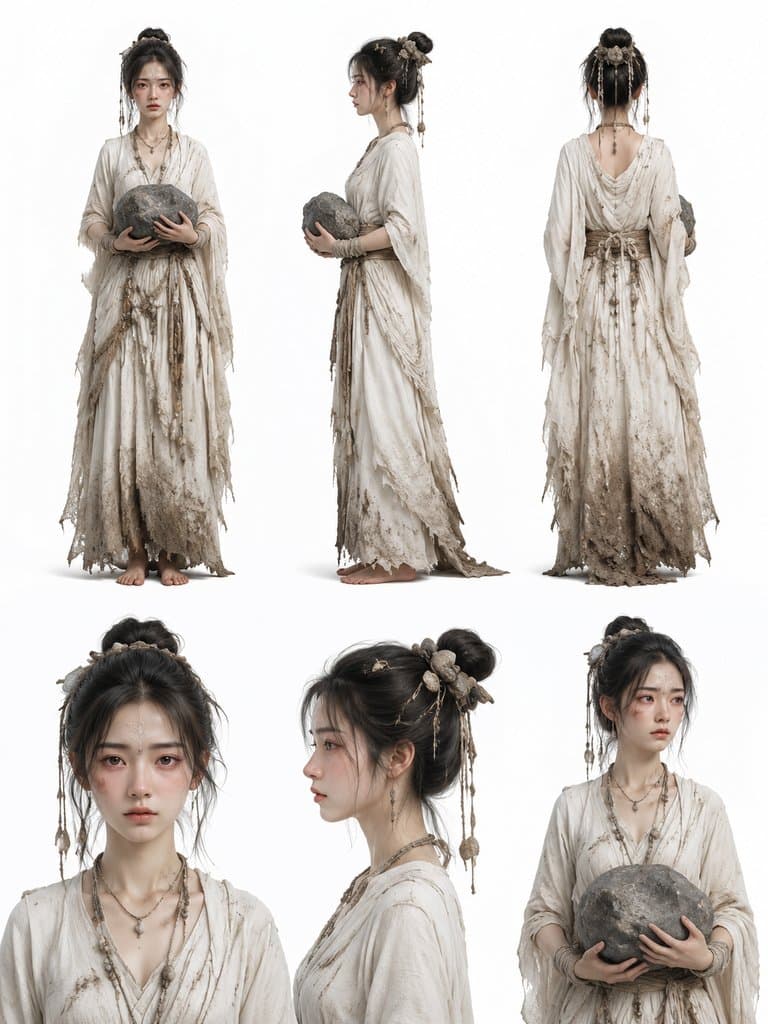 精卫少女身着素衣，手持石块，古风写实造型，上古洪荒风格