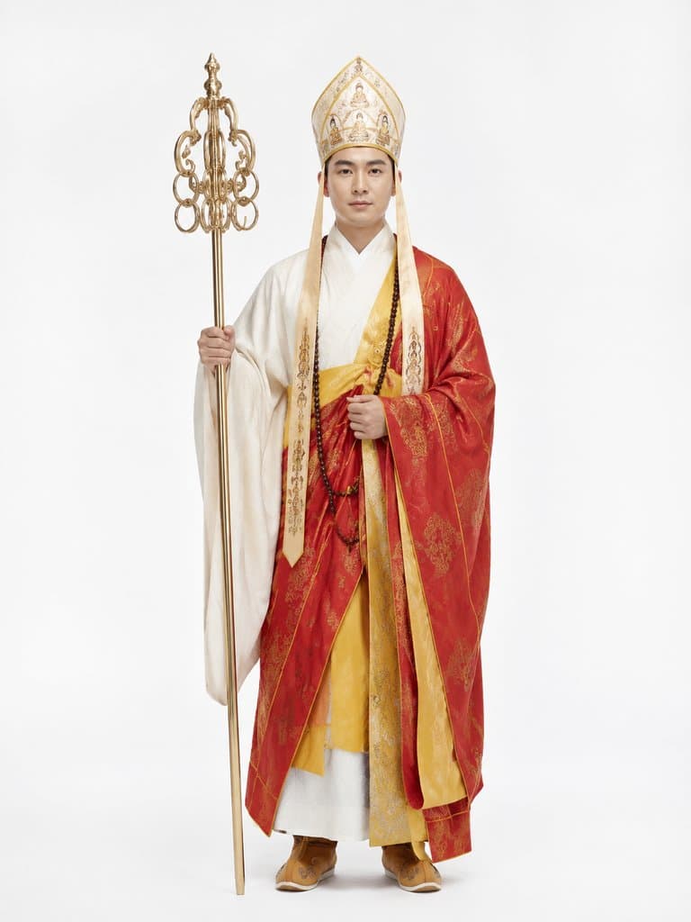 取经圣僧身着锦襕袈裟，头戴毗卢帽，手持九环锡杖，东方神话写实风格角色