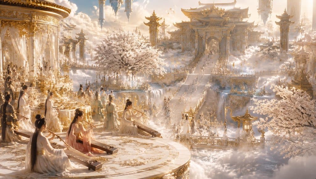 瑶池仙境中仙乐飘渺，白衣仙子抚琴奏乐，金碧辉煌的宫殿浮于云海之上，樱花纷飞，东方神话写实风格
