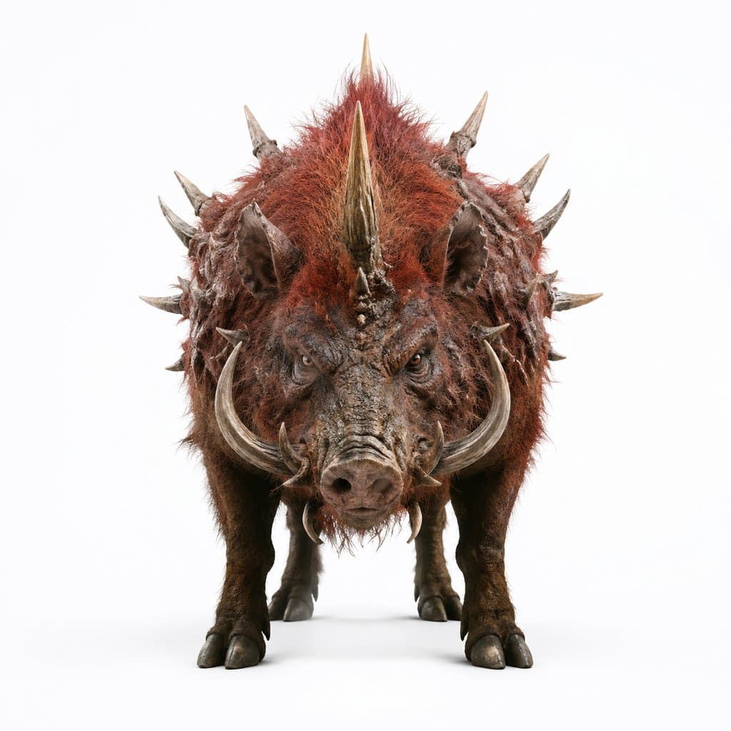 上古洪荒异兽，赤毛刺猪形生物，全身布满尖刺与长角，写实3D风格