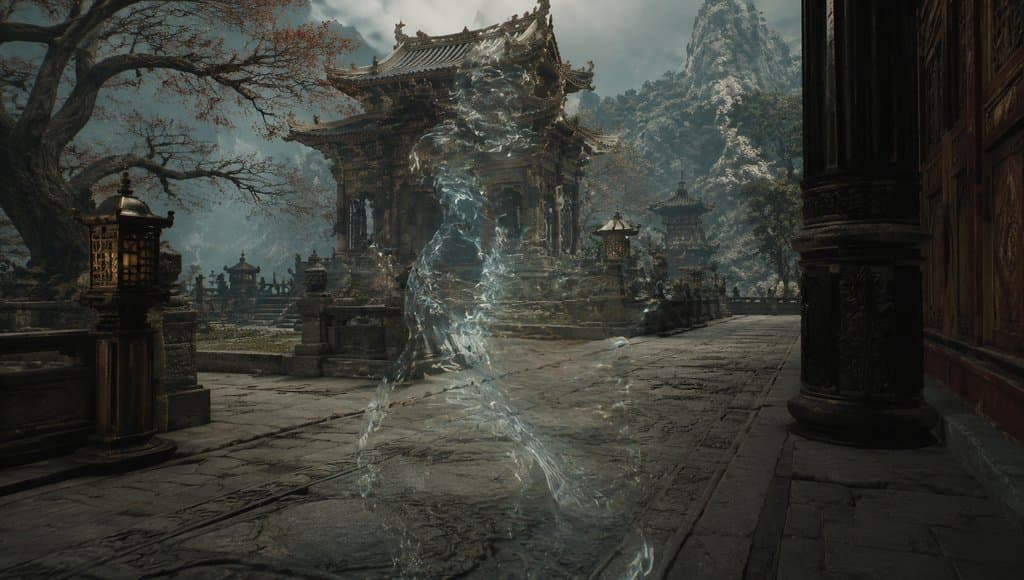 东方神话风格的隐身遁法特效，人物身形隐没于扭曲光效中，写实3D场景
