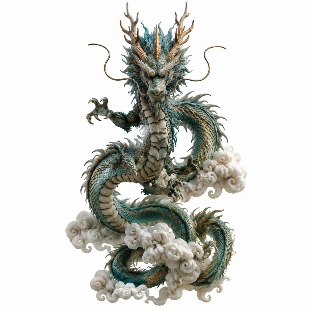 青龙腾云，矫健龙躯，鳞角分明，东方神话写实风格3D异兽