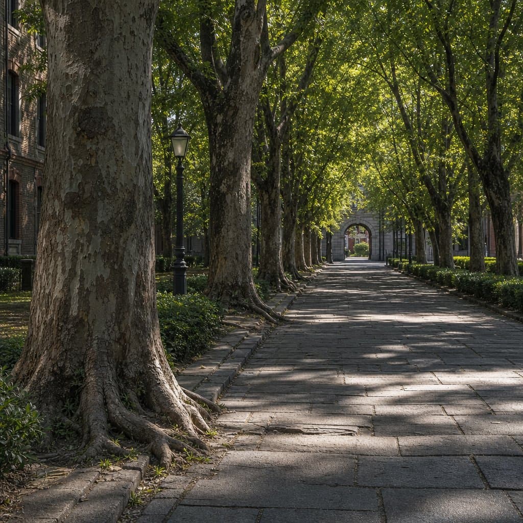 百年大学林荫大道，高大古树成行，阳光斑驳洒落青石板路，写实都市校园风光