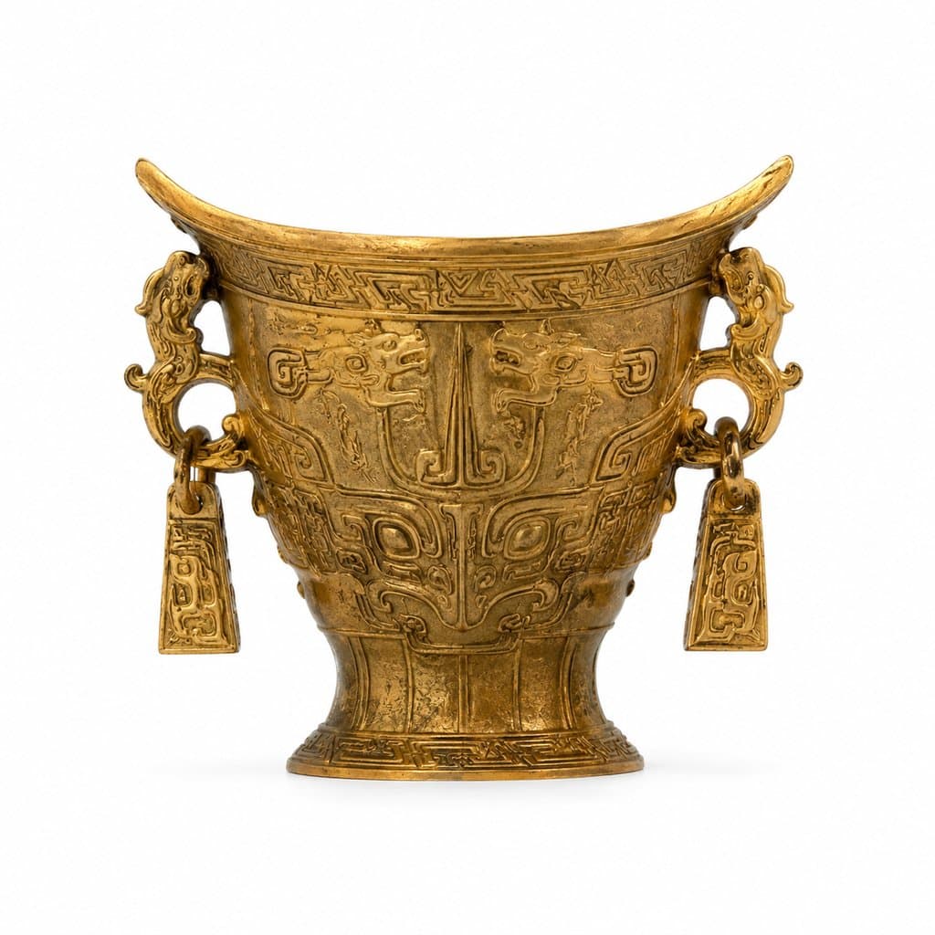 金色混元金斗，商周风格神话宝器，双耳垂铃，浮雕纹饰，写实3D渲染