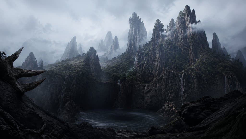 上古羽山幽深山渊，峻岭环绕暗湖，云雾缭绕，写实洪荒风格