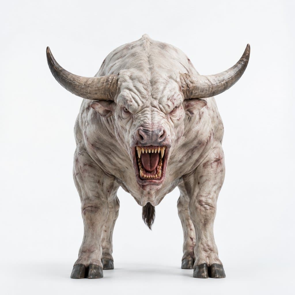 上古洪荒凶兽獓狠，白身四角牛形，写实3D风格，张口咆哮