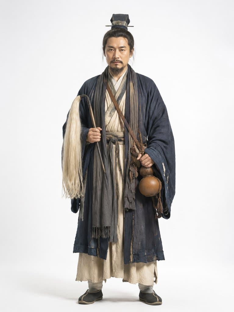 身穿道袍的云游道士，手持拂尘与葫芦，头戴道冠，写实风格东方神话角色