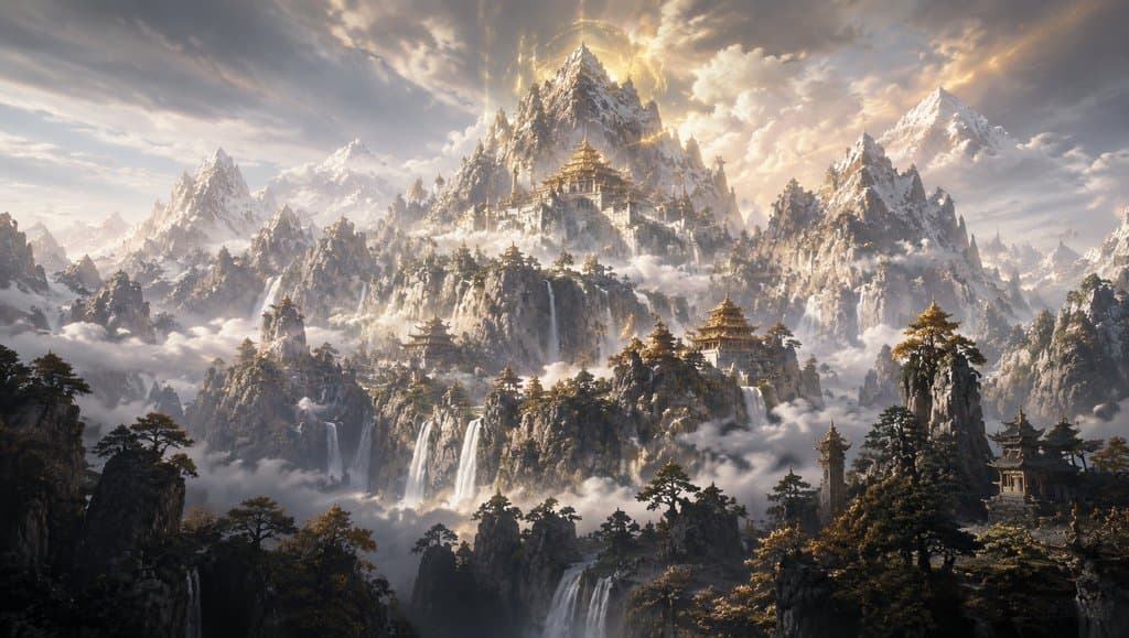 昆仑神山云海环绕，金顶宫殿悬浮于雪山之巅，神圣光芒闪耀，写实奇幻风格