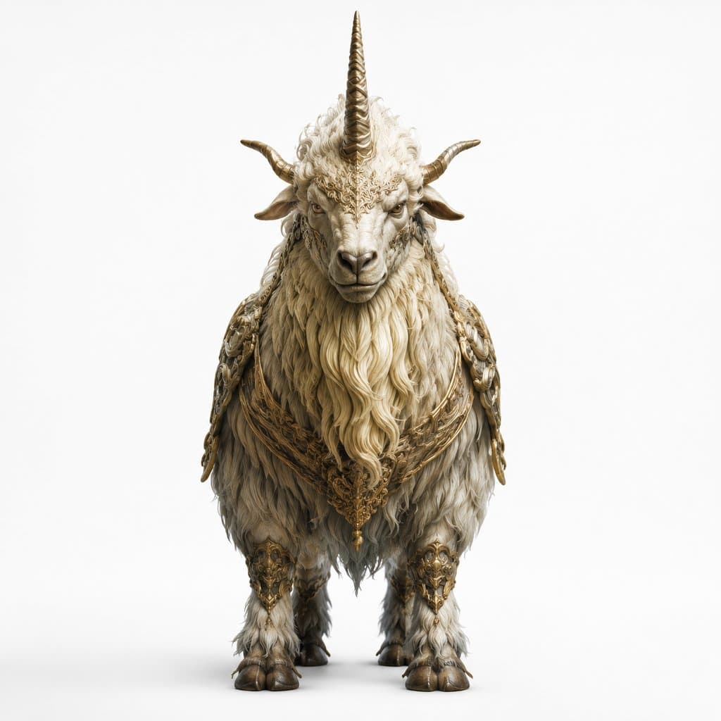 神话神兽獬豸，白色长毛独角羊，金色装饰铠甲，写实风格3D模型