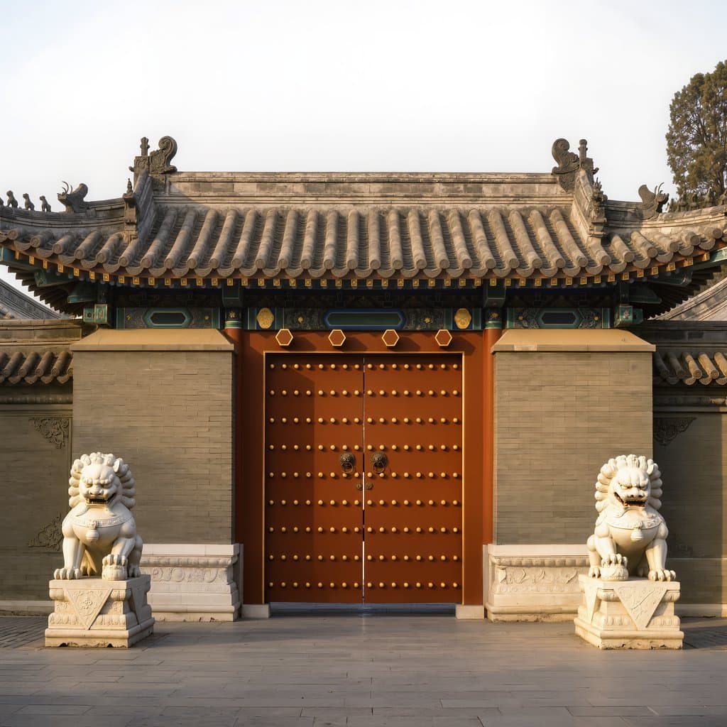 古风贵族宅邸正门，朱漆大门配石狮门钉，高墙飞檐，传统中式建筑