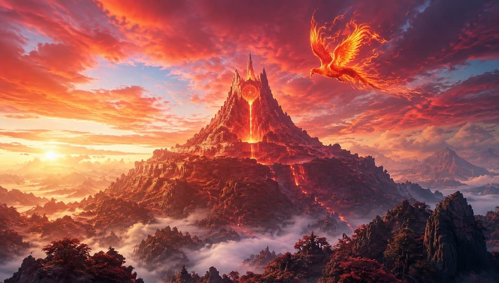 丹穴山火山喷发，火焰凤凰翱翔，上古洪荒写实场景