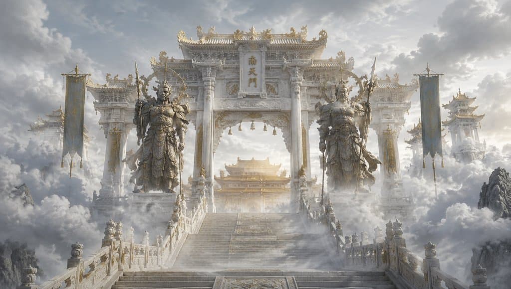 南天门白玉牌楼，两侧神将守卫，云海缭绕，东方神话写实风格