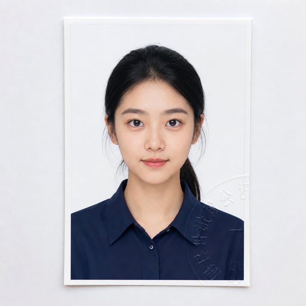 现代都市女大学生证件照，白底黑发马尾，大眼弯弯，身穿深蓝衬衫，背景有钢笔字迹my sunshine