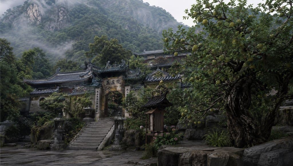 五庄观山门，青瓦道观建筑，门前人参果树，东方神话写实风格