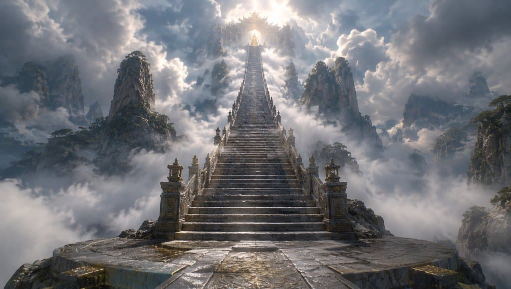 上古玄圃天梯，云海缭绕的登天石阶，神圣庄严的写实场景