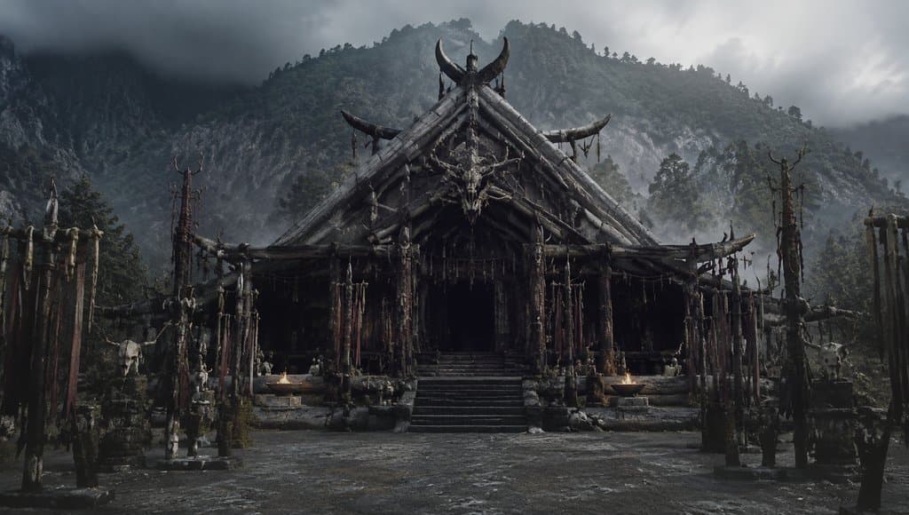 上古巫祝神庙，骨饰木构，图腾装饰，阴云密布山林背景，写实风格