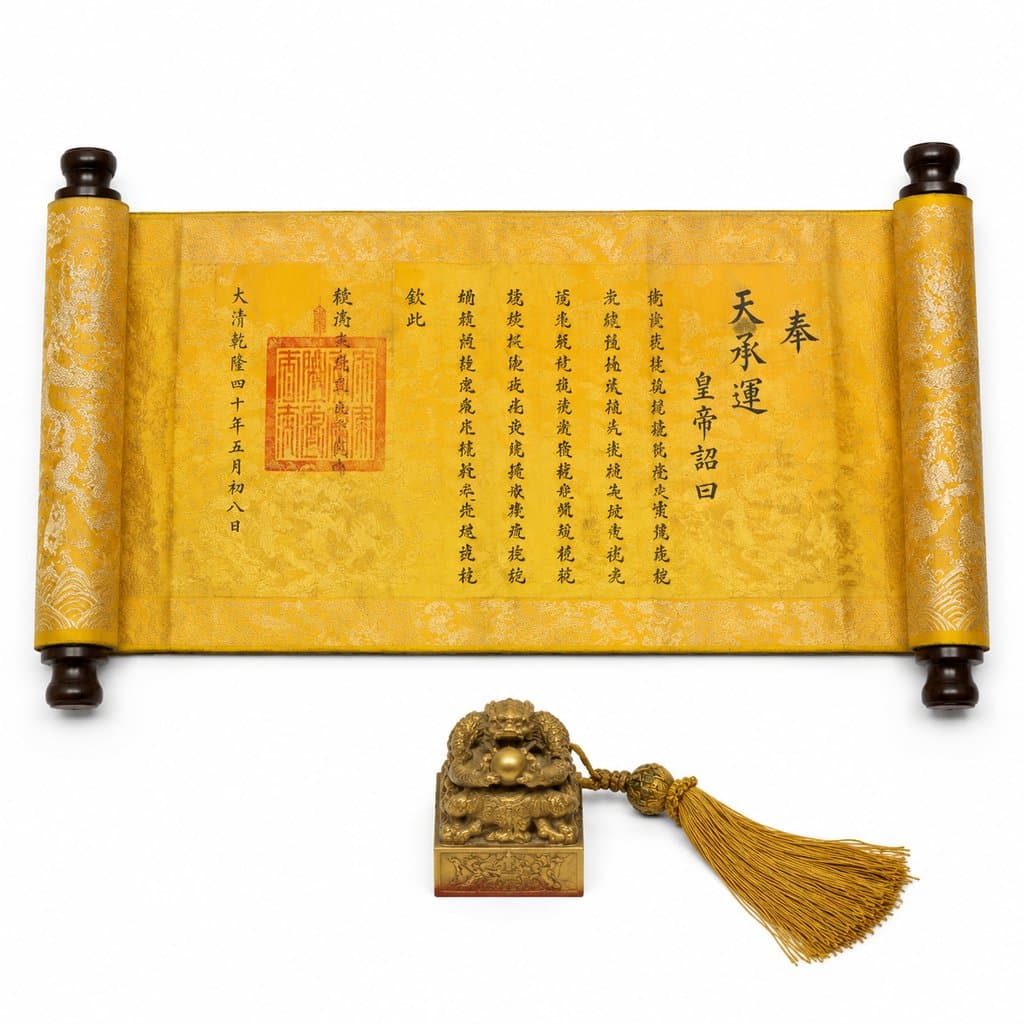 金色圣旨卷轴配印玺，黄绫底纹，篆书文字，东方古典风格