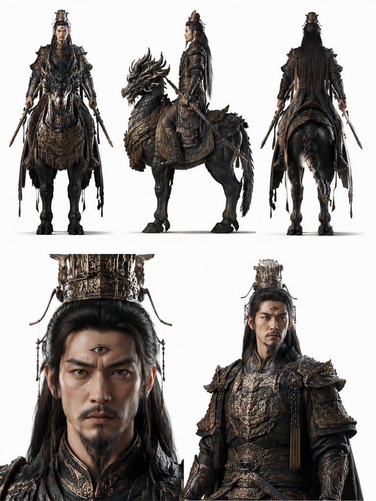 闻太师骑龙马，玄甲金冠，第三只眼，手持雌雄双锏，商周神话写实风格