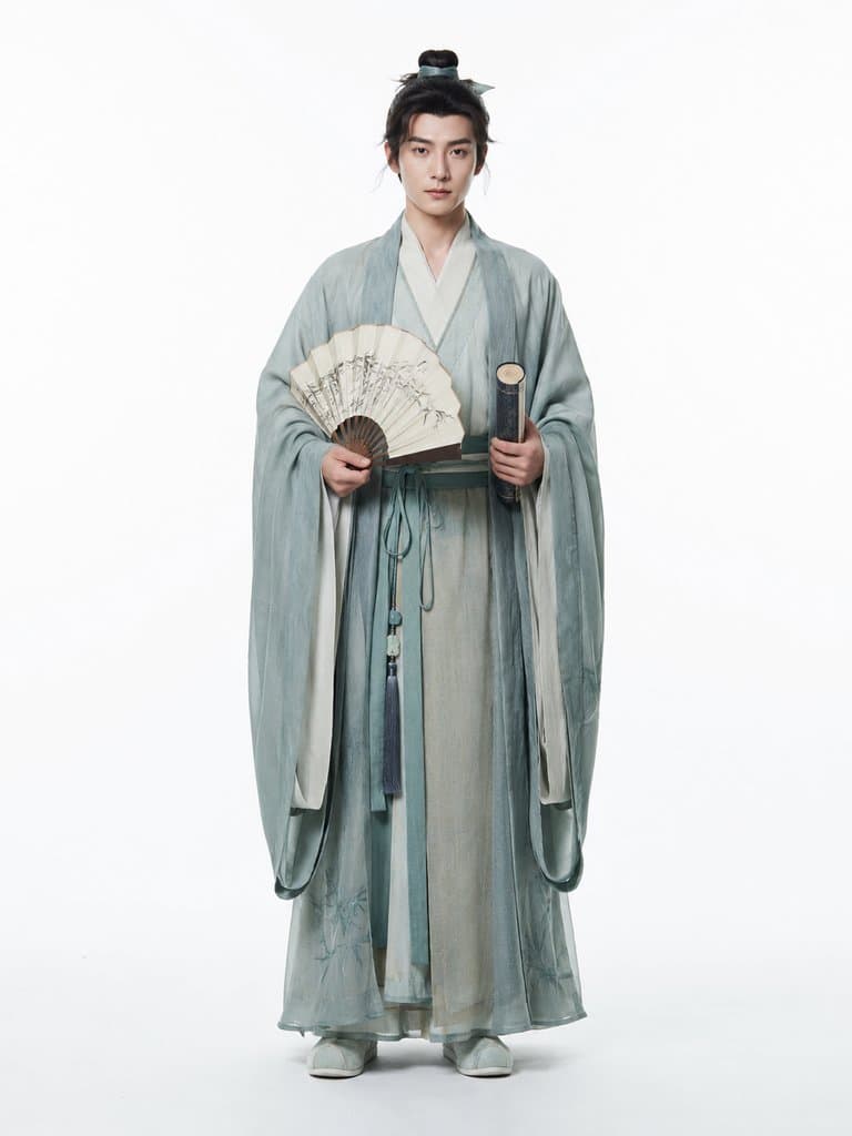 身穿青色长袍的书生手持折扇与书卷，文弱儒雅，东方古典写实风格