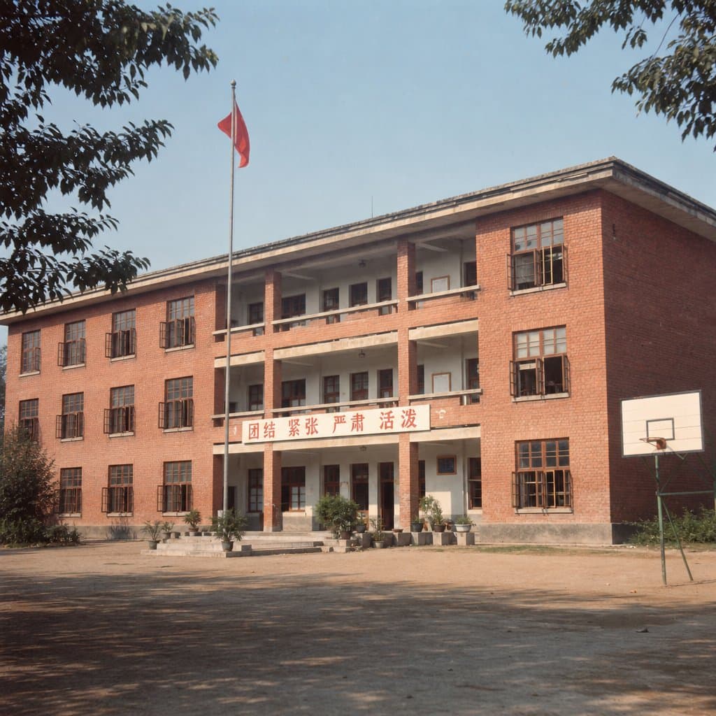 1970年代中国城市中学红砖教学楼，木质窗框，外露走廊，旗杆飘扬，复古校园建筑