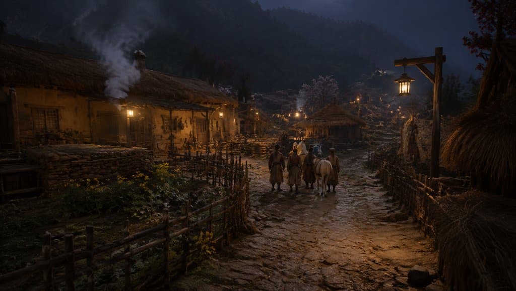 夜晚山村农庄，炊烟袅袅，人物行走在石板路上，东方神话写实风格