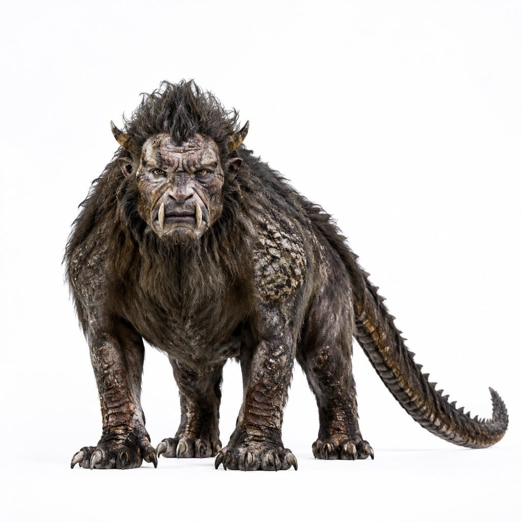 上古凶兽梼杌，虎躯人面，獠牙长尾，写实3D风格