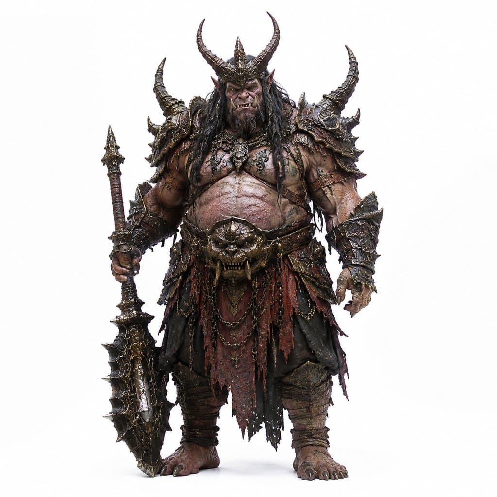 魁梧的混世魔王，身披暗金铠甲，手持巨刃，东方神话写实风格异兽