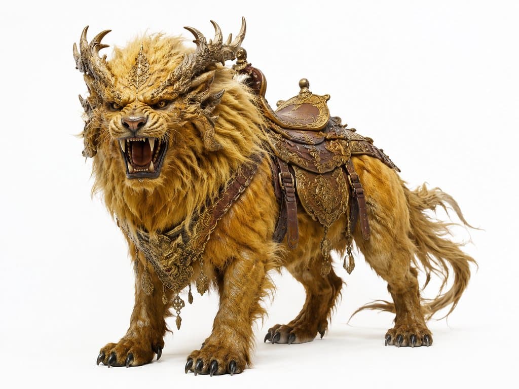 金毛犼坐骑，东方神话猛兽，金色毛发，龙角装饰，华丽鞍具，写实风格
