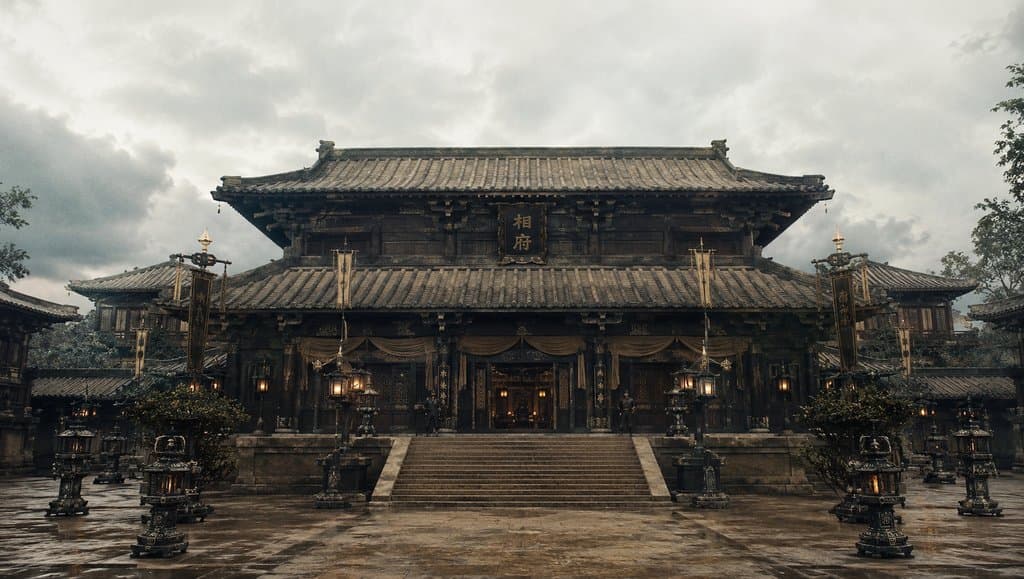 古朴肃整的相府厅堂，传统中式建筑风格，飞檐斗拱，雕梁画栋，写实商周神话风格