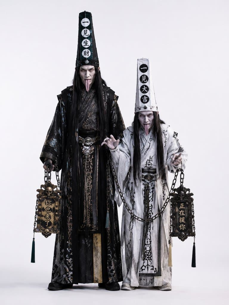 黑白无常，身穿黑白色长袍，头戴高帽，吐舌持链，写实东方神话角色