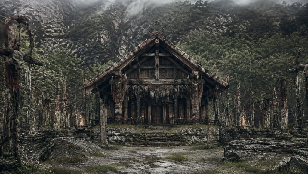 上古祖庙木构建筑，图腾柱环绕，雾气山林背景，写实风格