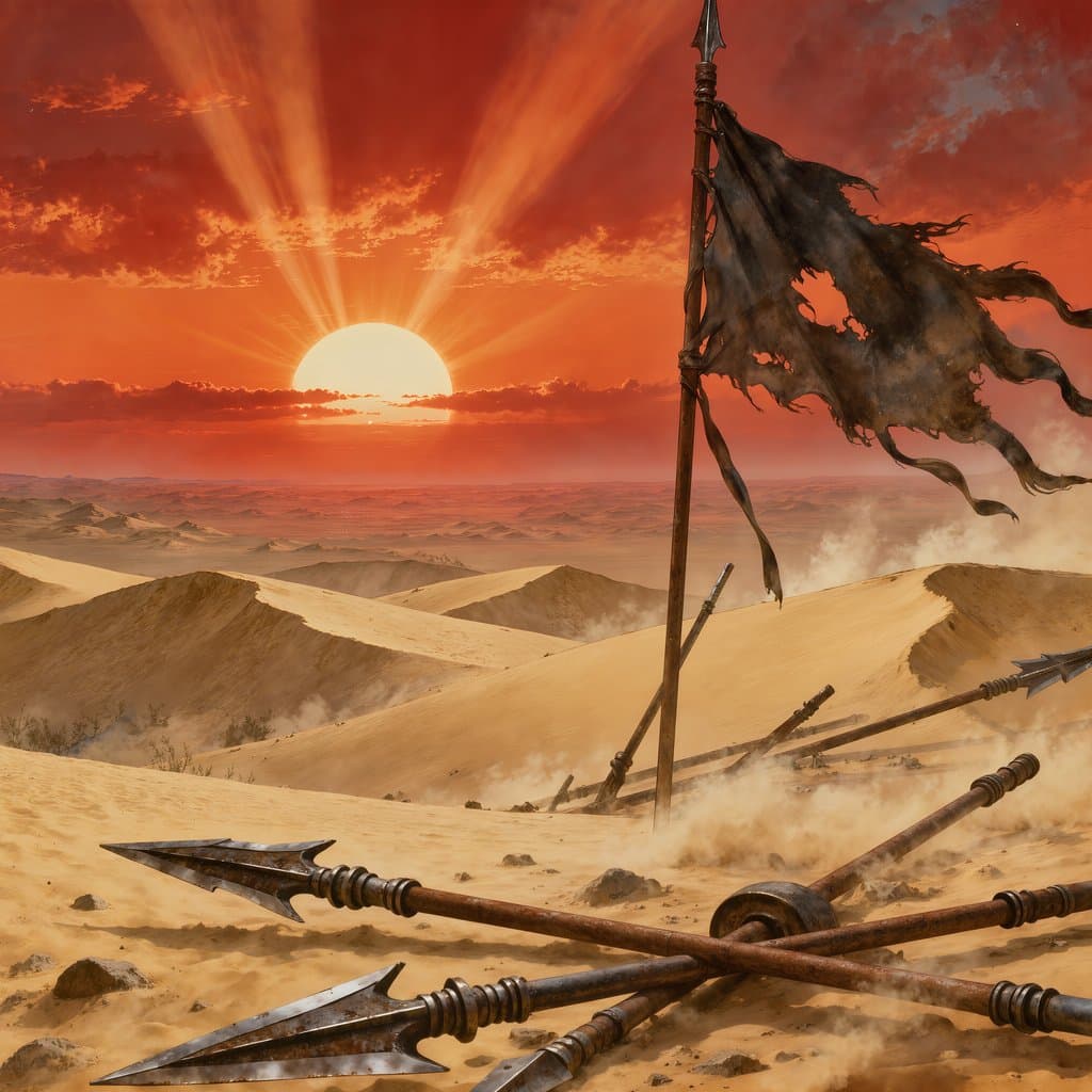 古风边疆战场，残旗断戟散落黄沙，夕阳如血，壮阔战争场景