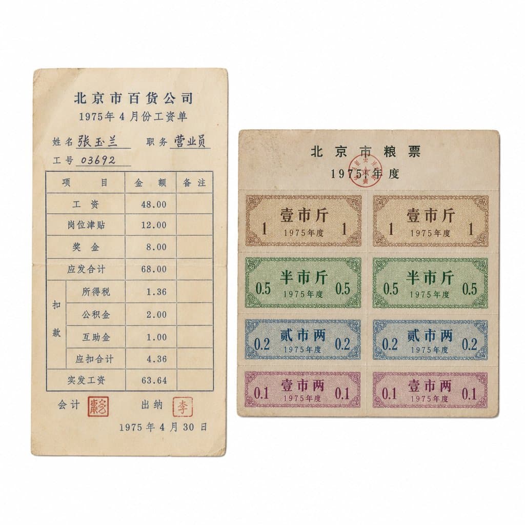 1970年代中国工资单与粮票，纸质印刷，复古计划经济凭证道具