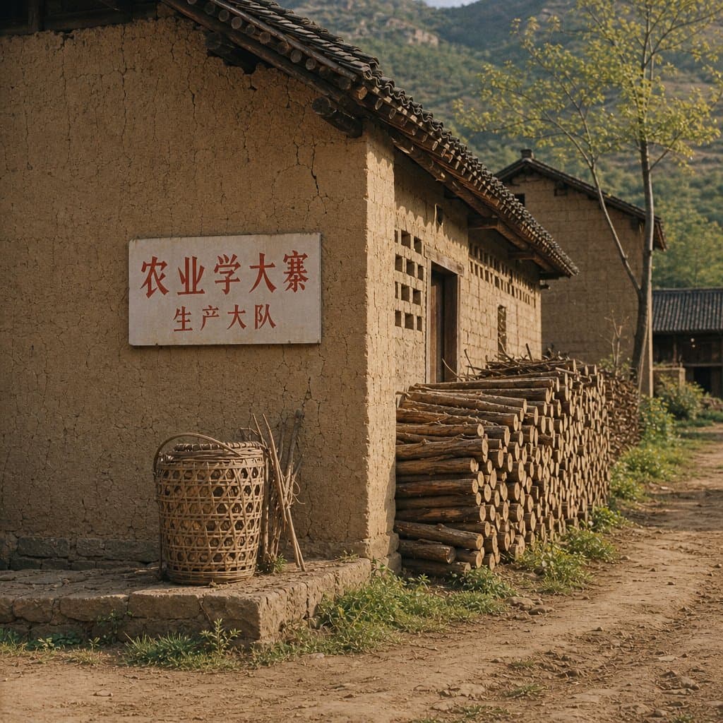 1970年代中国农村生产队土坯房，墙上挂有‘农业学大寨’标语，旁堆柴垛，田间小路延伸至丘陵山地，复古乡村场景