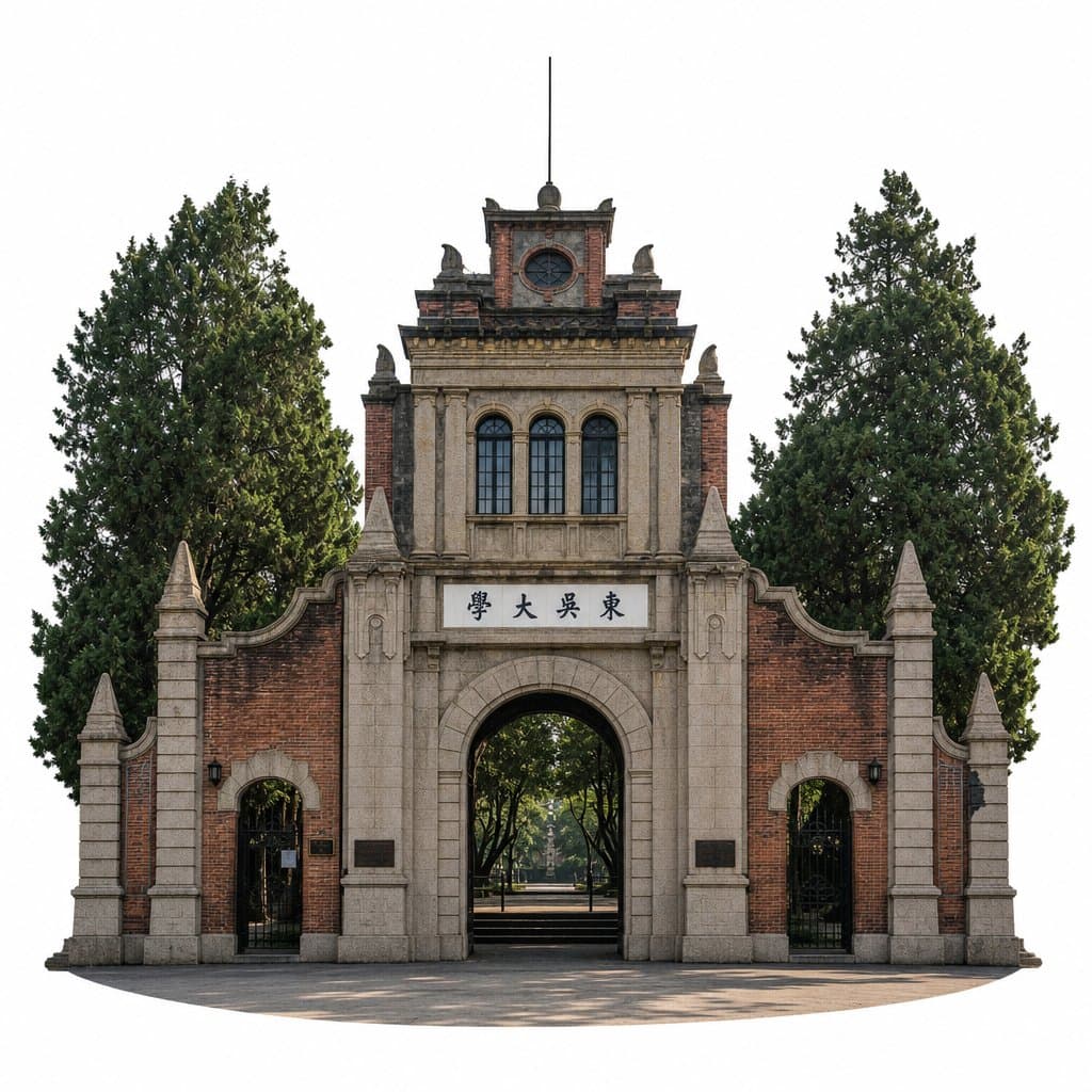 百年高校古朴校门，砖石结构，两侧参天古树，中式传统建筑风格
