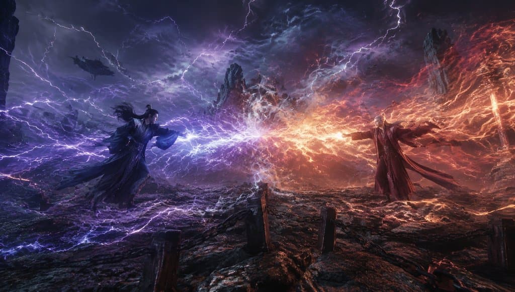 两位法师在雷火交织的战场中对决，紫白雷电与烈焰碰撞，写实风格商周神话场景