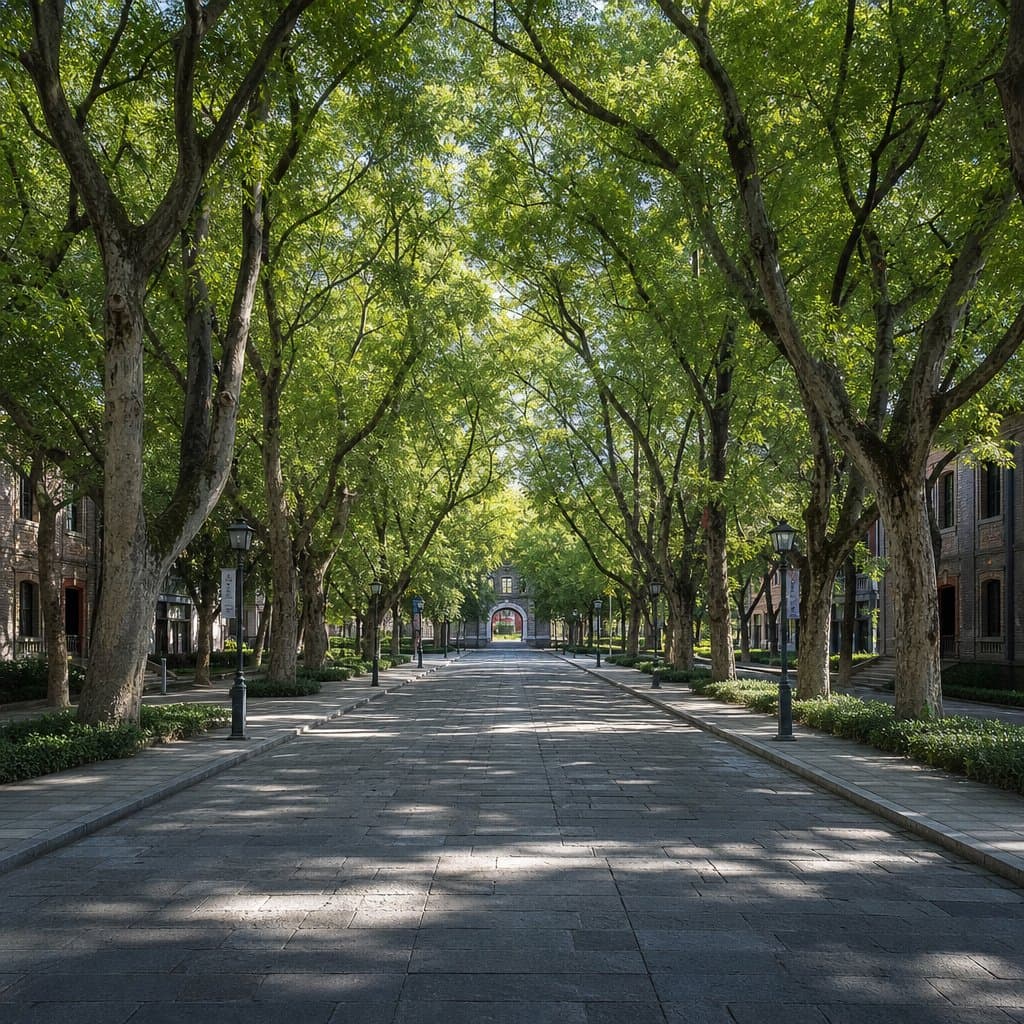 现代都市百年大学林荫大道，高大古树成行，阳光斑驳洒落青石板路，写实风格