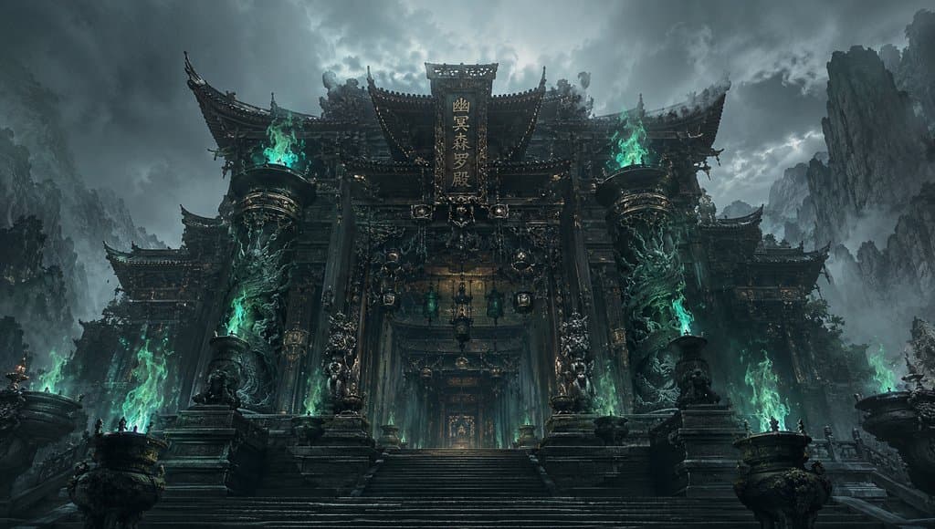 幽冥森罗殿，阴森巨柱环绕，幽绿火焰缭绕，东方神话写实风格建筑